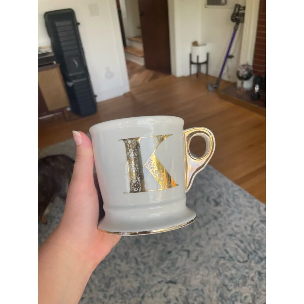 Anthropologie Monogram Ceramic Coffee Gold Mug Personalized Name Letter K